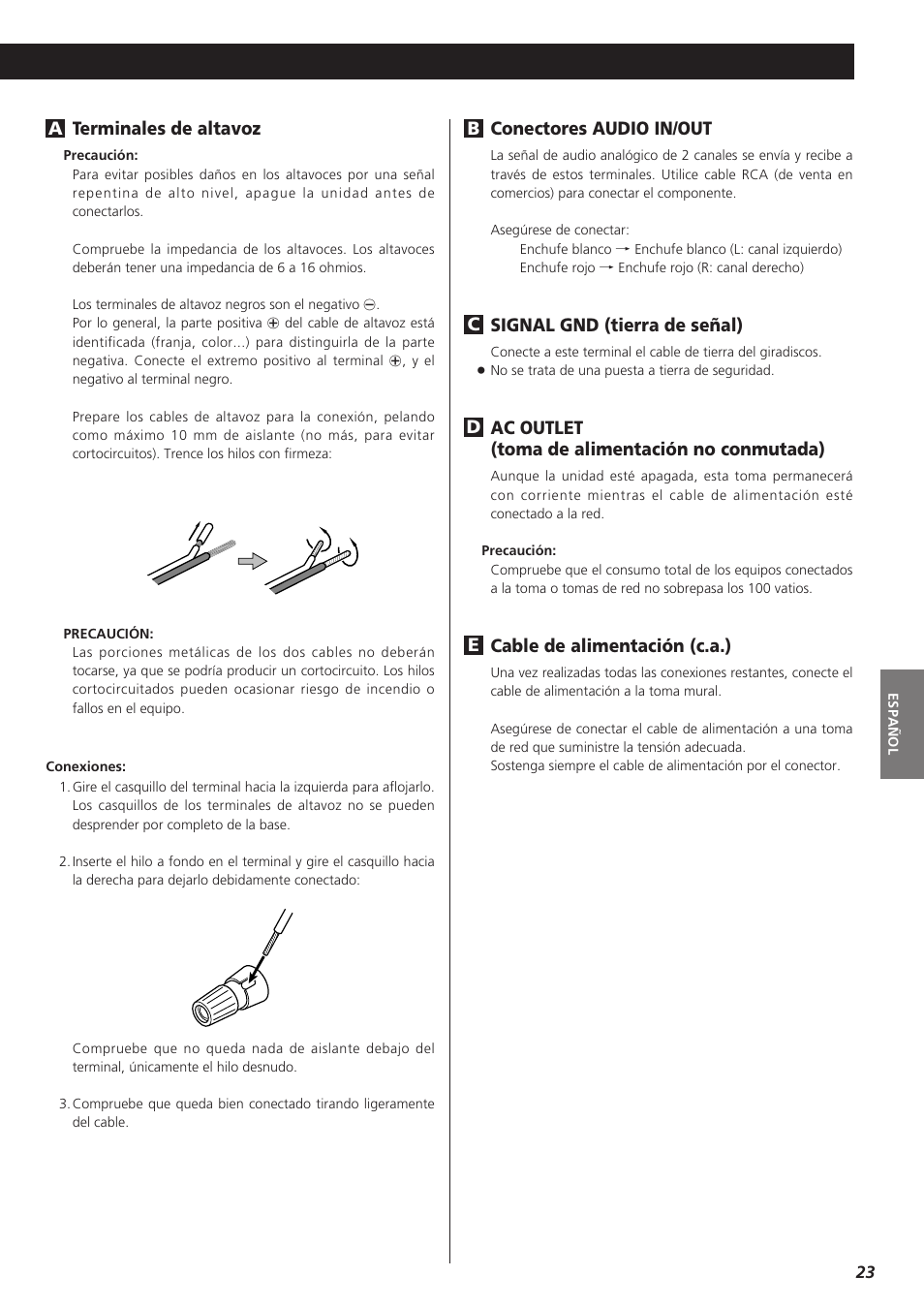 Conectores audio in/out, Signal gnd (tierra de señal), Ac outlet (toma de alimentación no conmutada) | Cable de alimentación (c.a.), Ed c b terminales de altavoz | Teac A-H300mkIII User Manual | Page 23 / 28