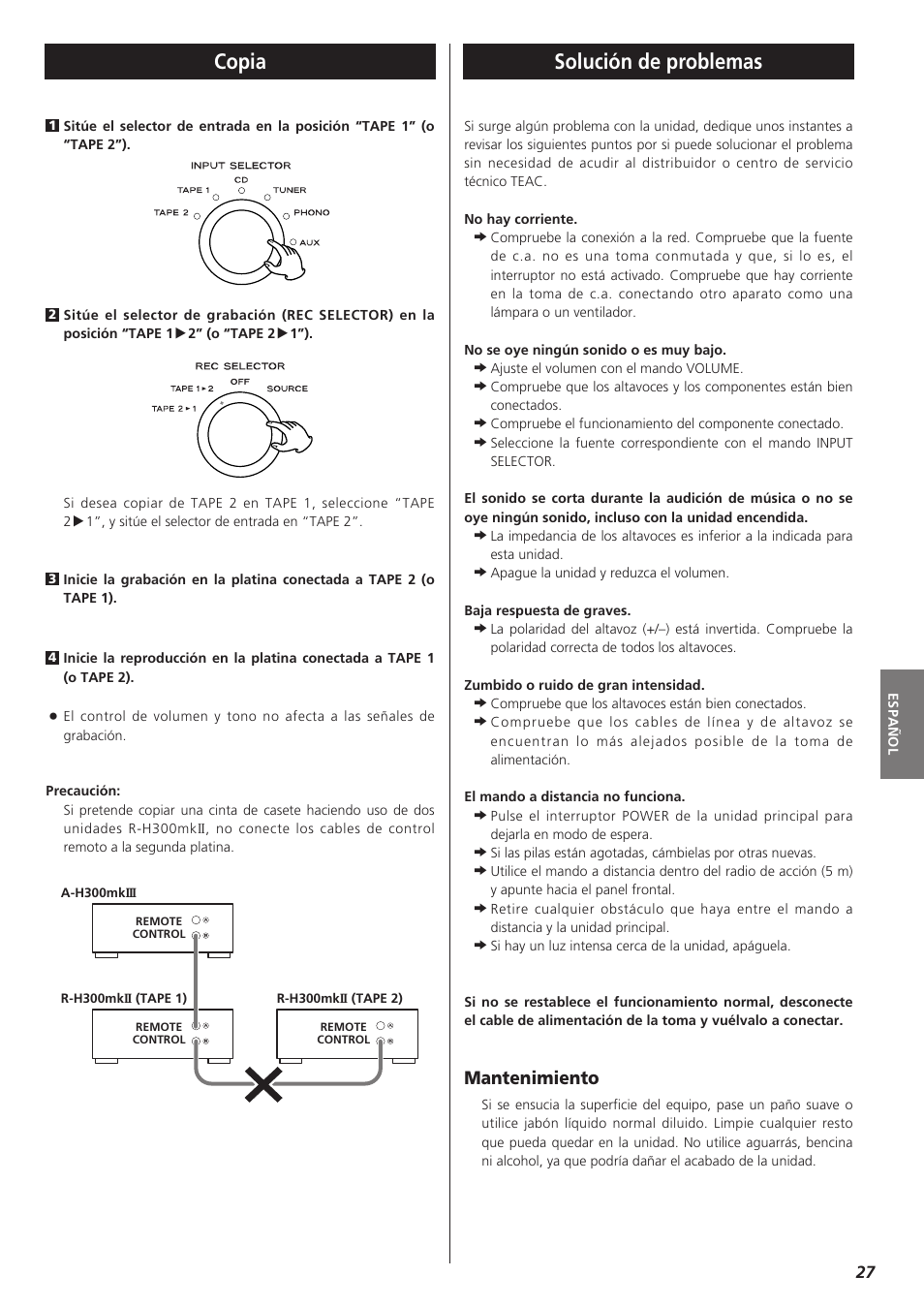 Copia solución de problemas, Mantenimiento | Teac A-H300mkIII User Manual | Page 27 / 28