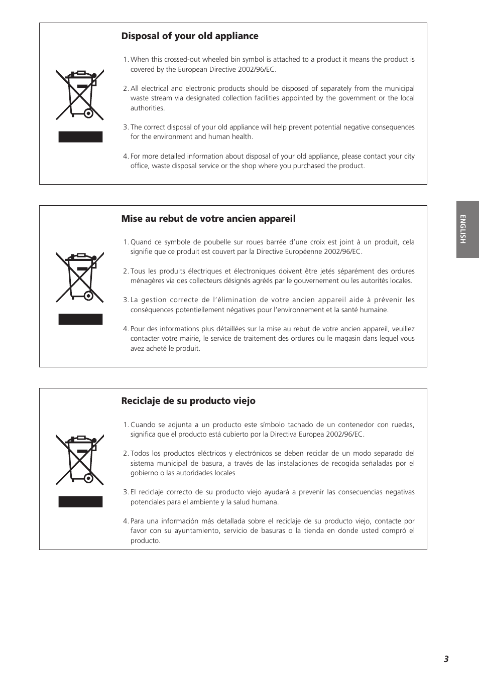 Disposal of your old appliance, Mise au rebut de votre ancien appareil, Reciclaje de su producto viejo | Teac A-H300mkIII User Manual | Page 3 / 28