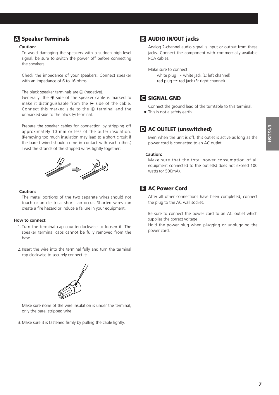 Audio in/out jacks, Signal gnd, Ac outlet (unswitched) | Ac power cord, Ed c b speaker terminals | Teac A-H300mkIII User Manual | Page 7 / 28