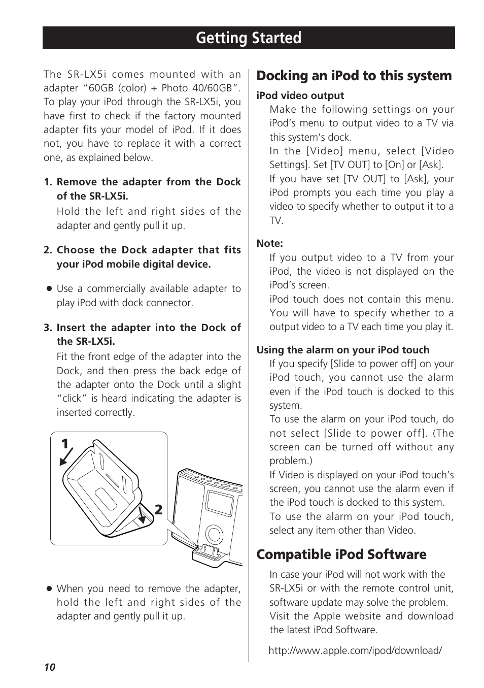 Getting started, 12 docking an ipod to this system, Compatible ipod software | Teac SR-LX5i User Manual | Page 10 / 64