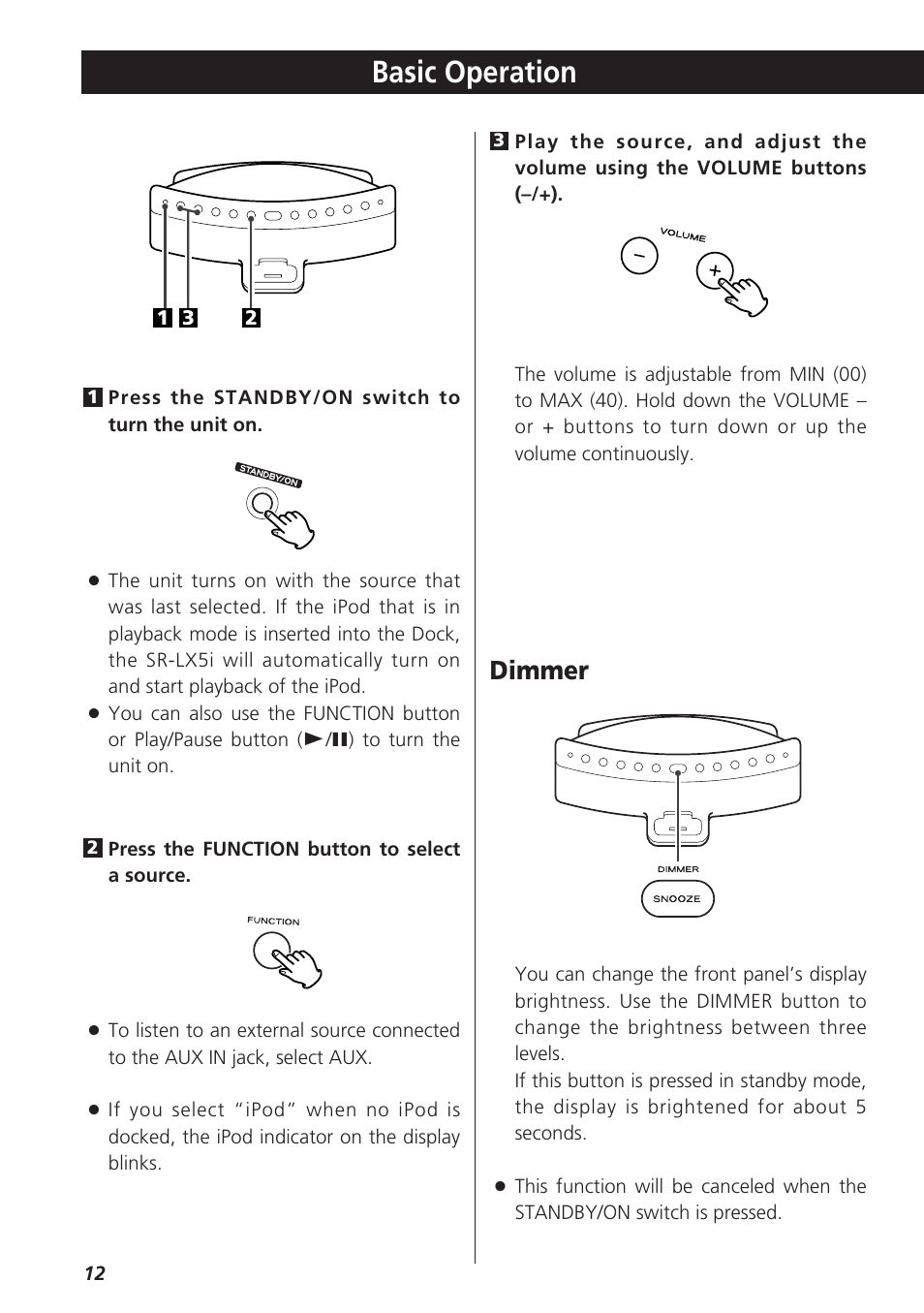 Basic operation, Dimmer | Teac SR-LX5i User Manual | Page 12 / 64