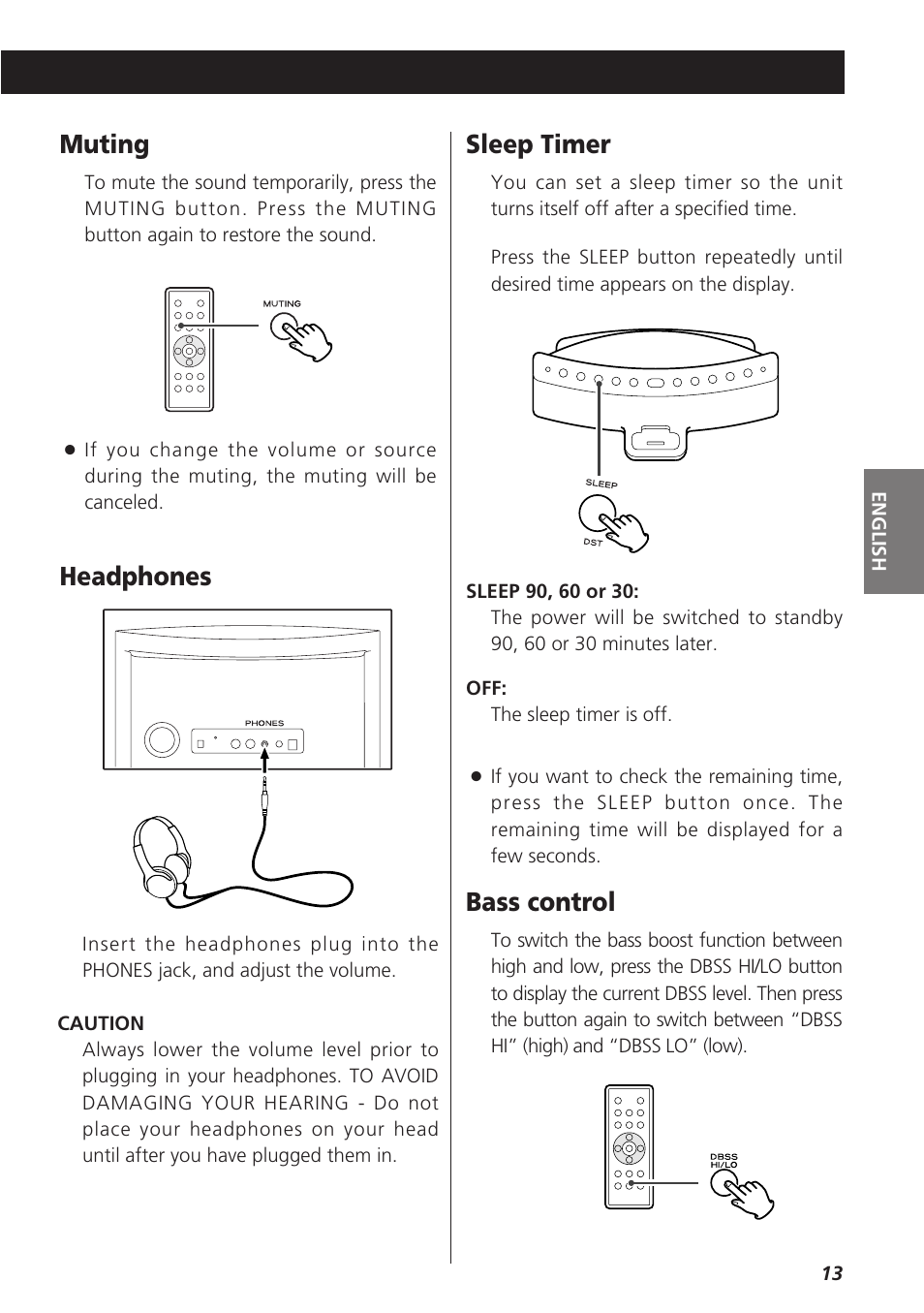 Muting, Bass control, Sleep timer | Headphones | Teac SR-LX5i User Manual | Page 13 / 64
