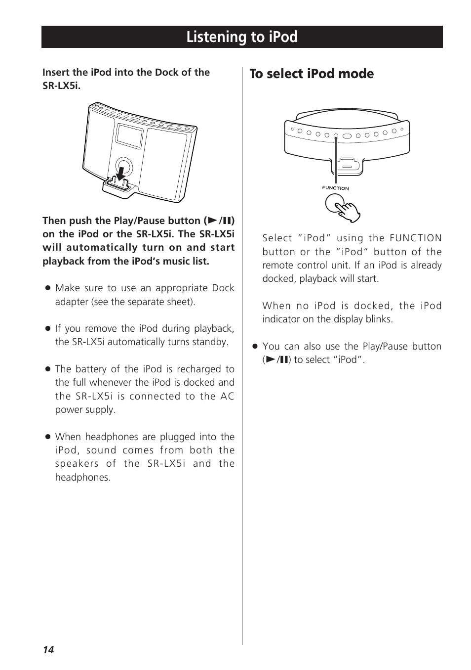 Listening to ipod | Teac SR-LX5i User Manual | Page 14 / 64