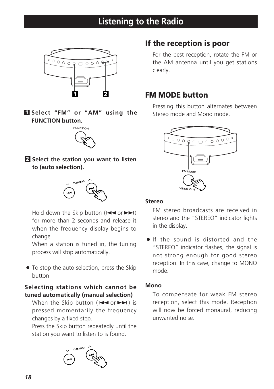 Listening to the radio, If the reception is poor, Fm mode button | Teac SR-LX5i User Manual | Page 18 / 64