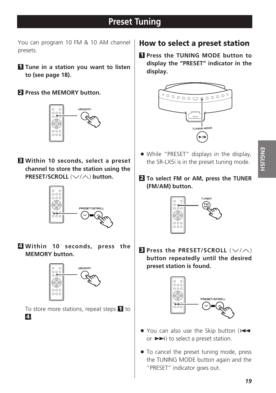 Preset tuning, How to select a preset station | Teac SR-LX5i User Manual | Page 19 / 64