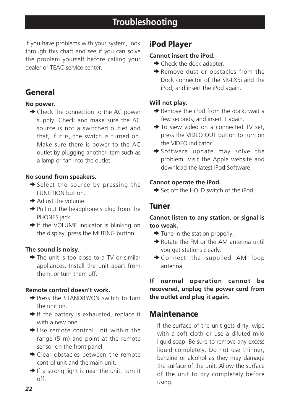 Troubleshooting, General, Ipod player | Tuner, Maintenance | Teac SR-LX5i User Manual | Page 22 / 64