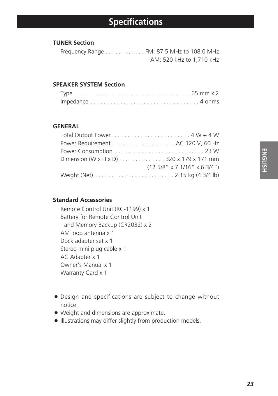 Specifications | Teac SR-LX5i User Manual | Page 23 / 64