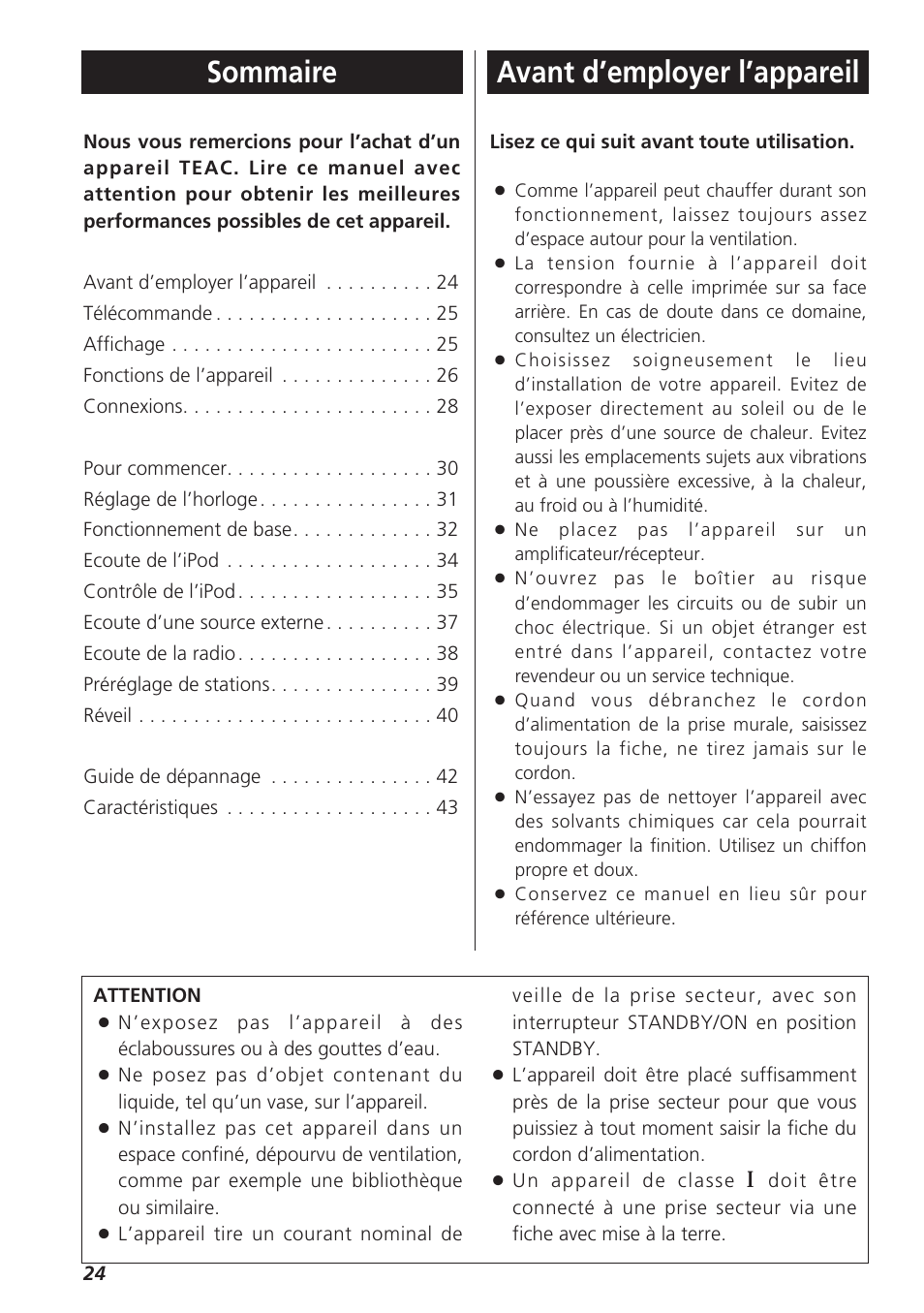 Manuel du propriétaire, Sommaire, Avant d’employer l’appareil | Teac SR-LX5i User Manual | Page 24 / 64