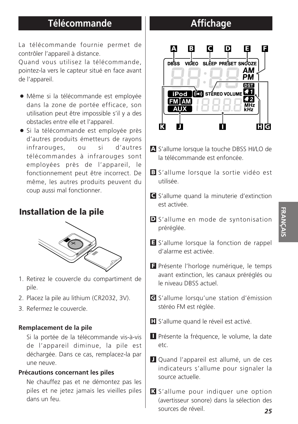 Télécommande, Affichage, Installation de la pile | Teac SR-LX5i User Manual | Page 25 / 64