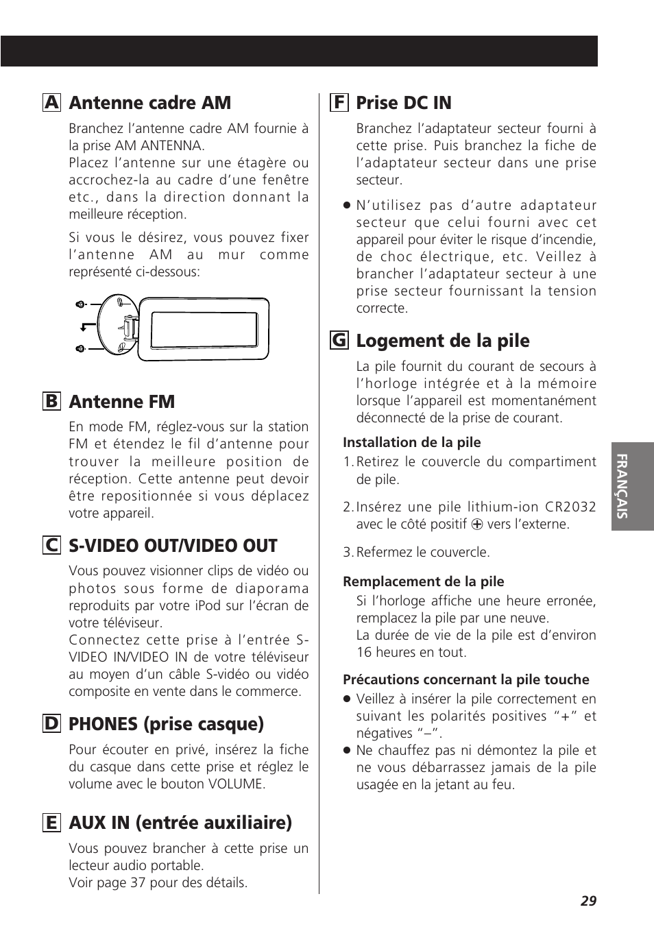 Antenne cadre am, Antenne fm, S-video out/video out | Phones (prise casque), Aux in (entrée auxiliaire), Logement de la pile | Teac SR-LX5i User Manual | Page 29 / 64