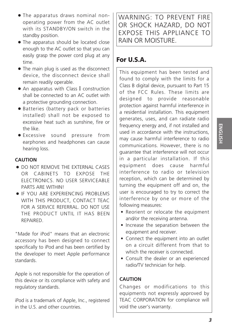 For u.s.a | Teac SR-LX5i User Manual | Page 3 / 64