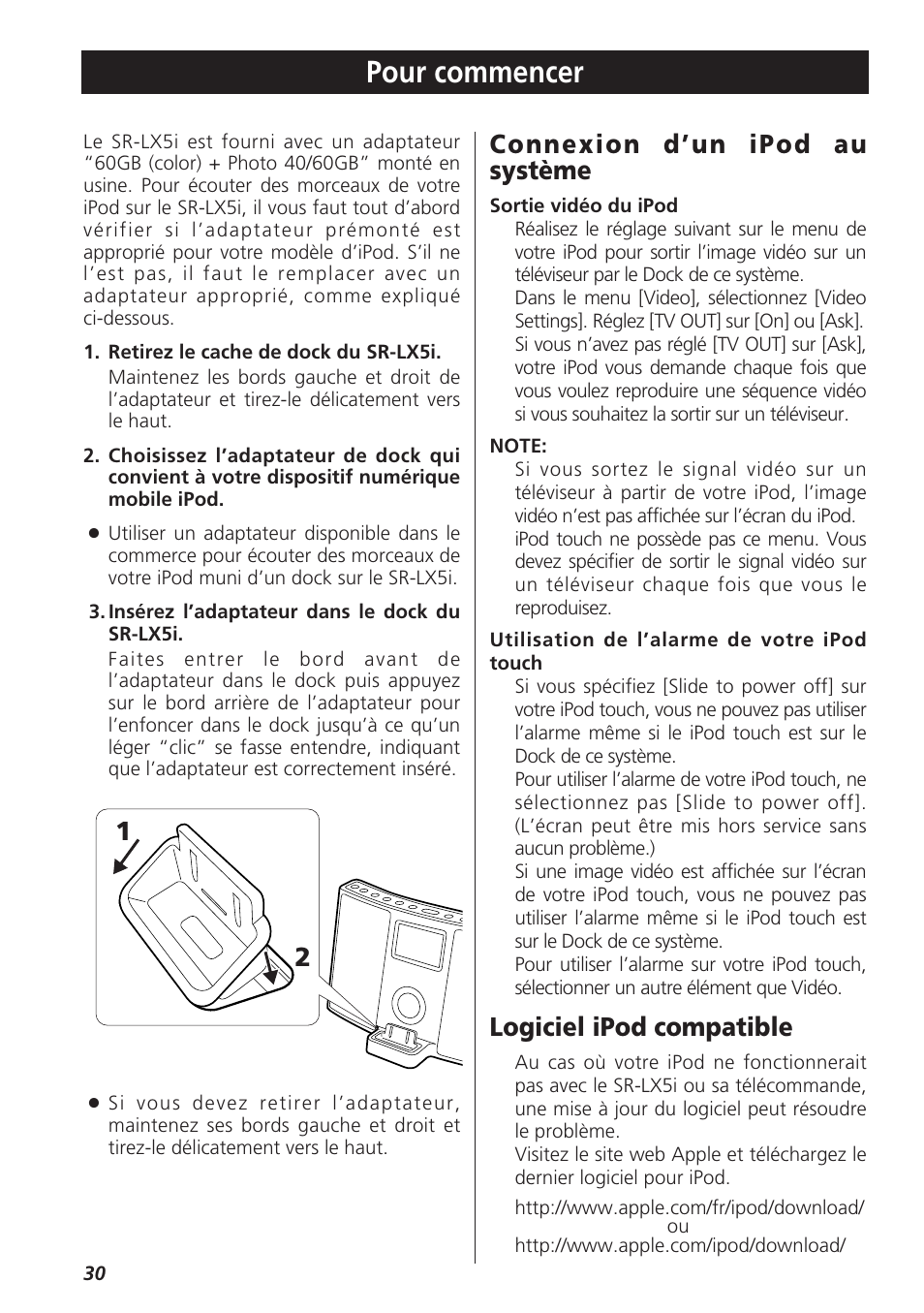 Pour commencer, 12 connexion d’un ipod au système, Logiciel ipod compatible | Teac SR-LX5i User Manual | Page 30 / 64