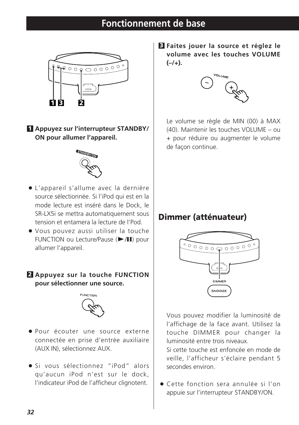 Fonctionnement de base, Dimmer (atténuateur) | Teac SR-LX5i User Manual | Page 32 / 64