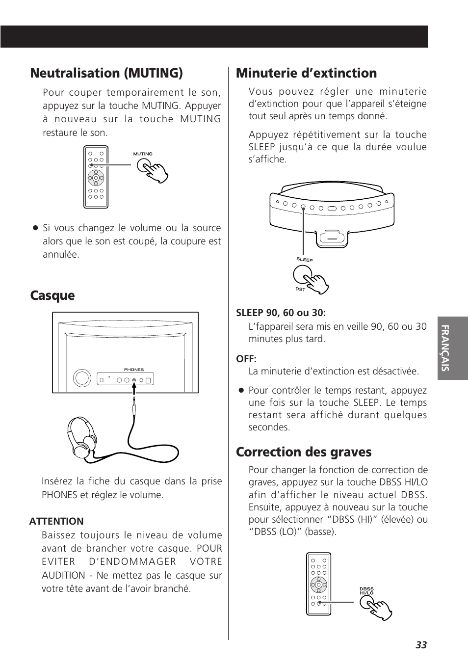 Neutralisation (muting), Minuterie d’extinction, Casque correction des graves | Teac SR-LX5i User Manual | Page 33 / 64