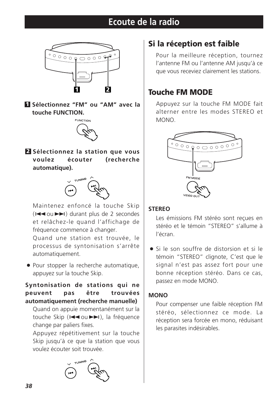 Ecoute de la radio, Si la réception est faible, Touche fm mode | Teac SR-LX5i User Manual | Page 38 / 64