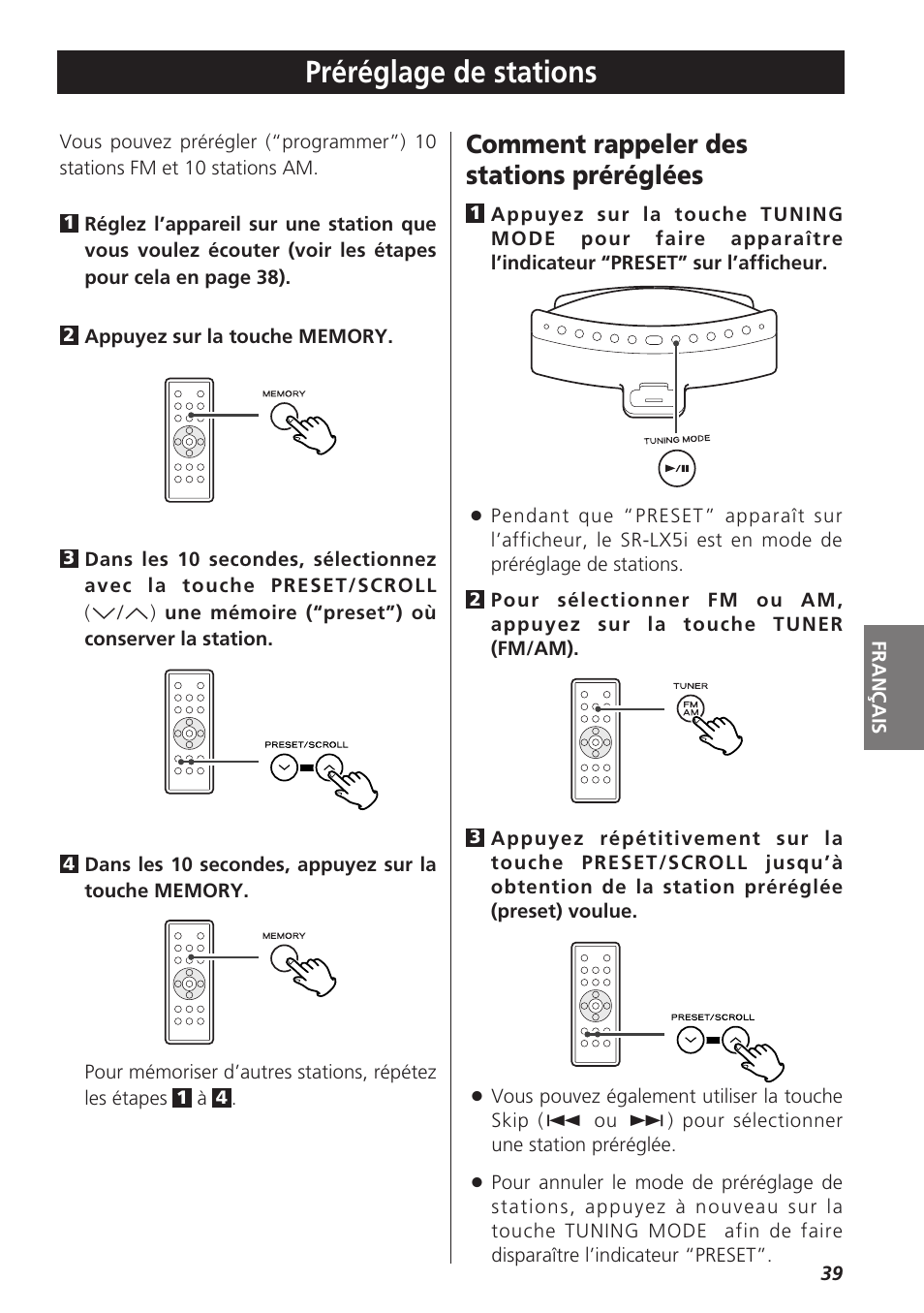 Préréglage de stations, Comment rappeler des stations préréglées | Teac SR-LX5i User Manual | Page 39 / 64