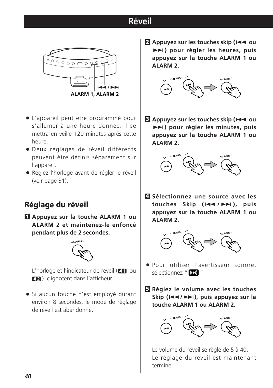 Réveil, Réglage du réveil | Teac SR-LX5i User Manual | Page 40 / 64