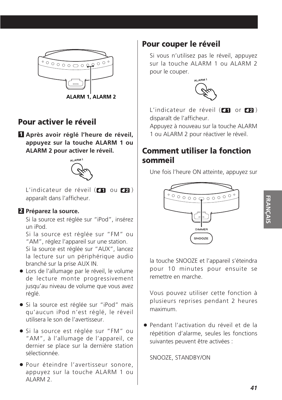 Pour activer le réveil, Pour couper le réveil, Comment utiliser la fonction sommeil | Teac SR-LX5i User Manual | Page 41 / 64