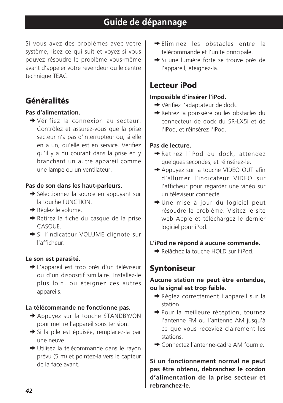 Guide de dépannage, Généralités, Lecteur ipod | Syntoniseur | Teac SR-LX5i User Manual | Page 42 / 64