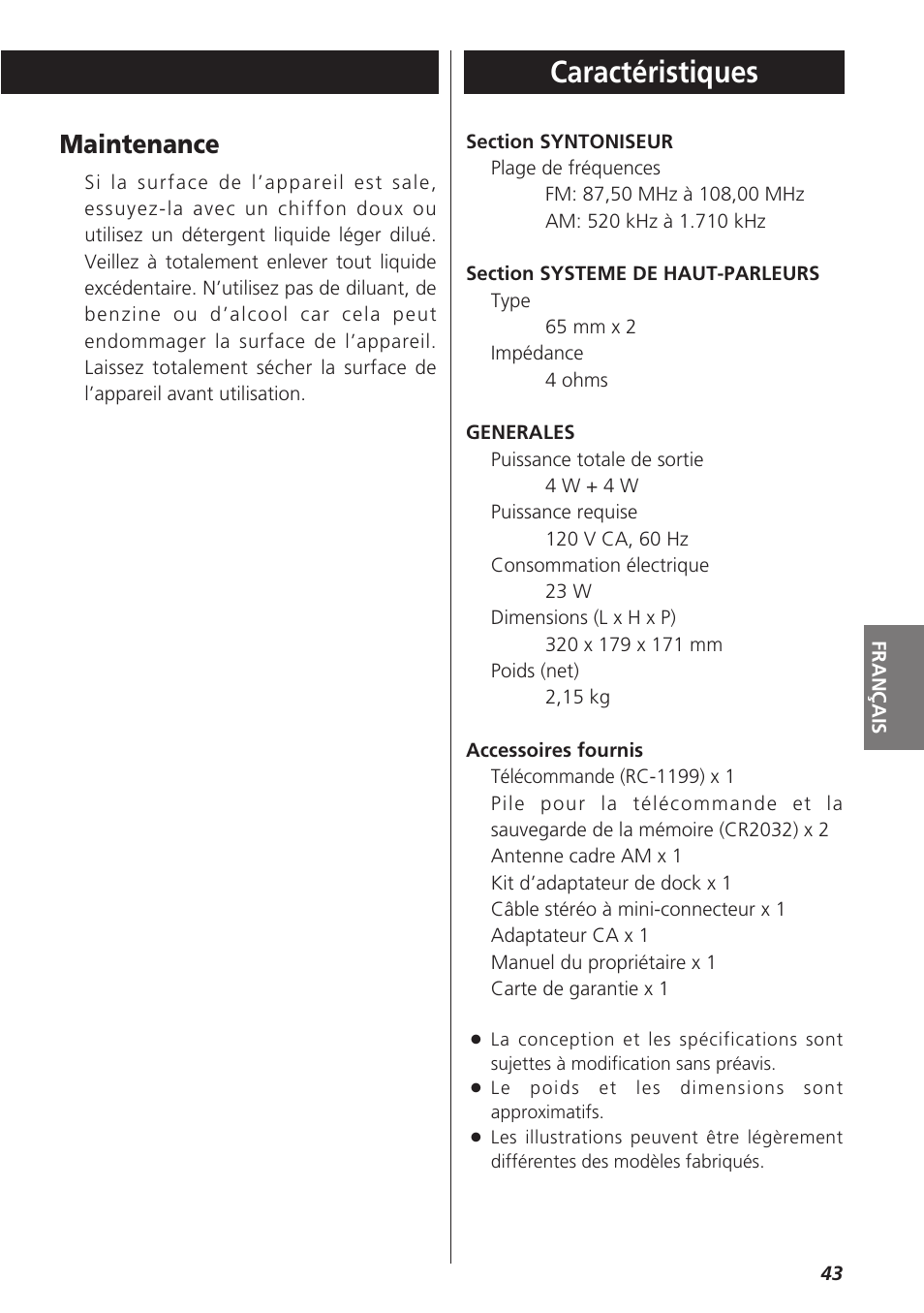 Caractéristiques, Maintenance | Teac SR-LX5i User Manual | Page 43 / 64