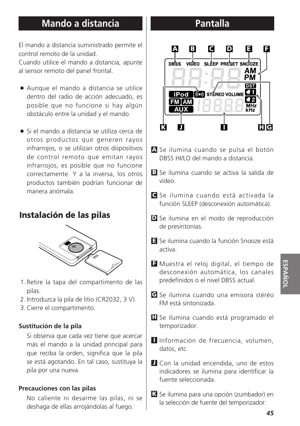 Mando a distancia, Pantalla, Instalación de las pilas | Teac SR-LX5i User Manual | Page 45 / 64