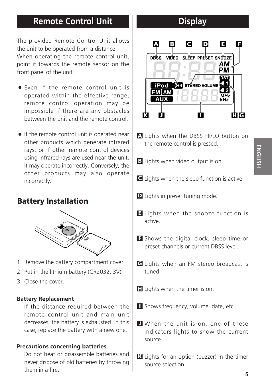 Remote control unit, Display, Battery installation | Teac SR-LX5i User Manual | Page 5 / 64