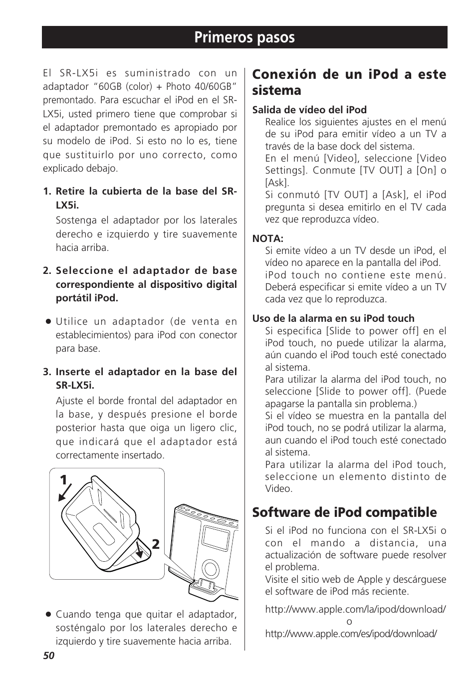 Primeros pasos, Conexión de un ipod a este sistema, Software de ipod compatible | Teac SR-LX5i User Manual | Page 50 / 64