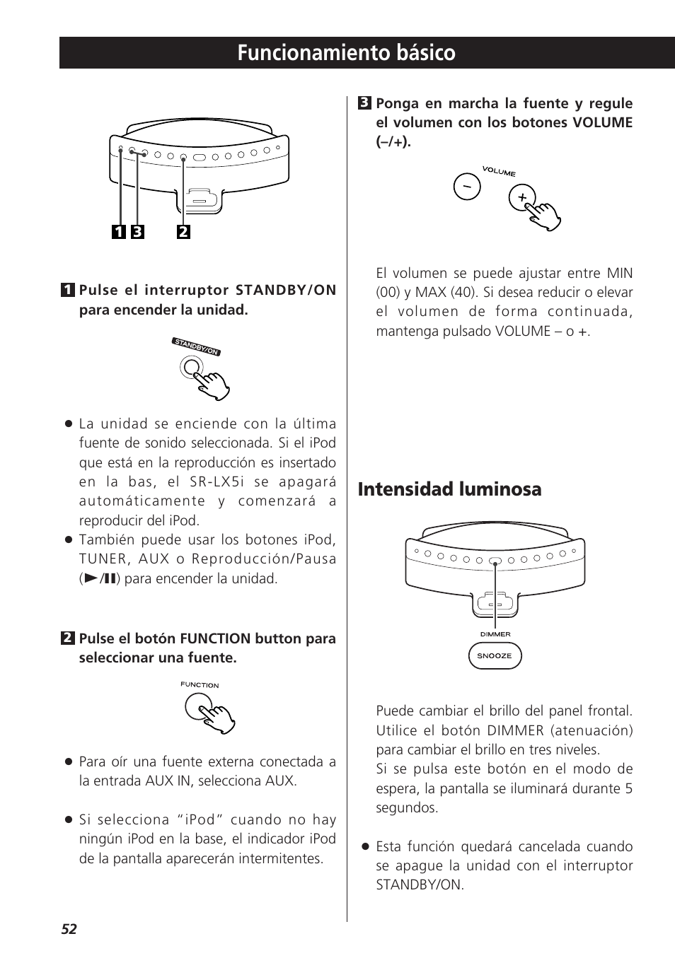 Funcionamiento básico, Intensidad luminosa | Teac SR-LX5i User Manual | Page 52 / 64