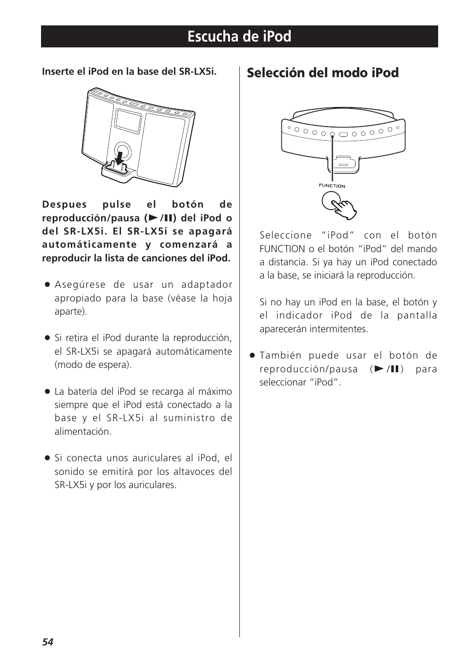 Escucha de ipod, Selección del modo ipod | Teac SR-LX5i User Manual | Page 54 / 64