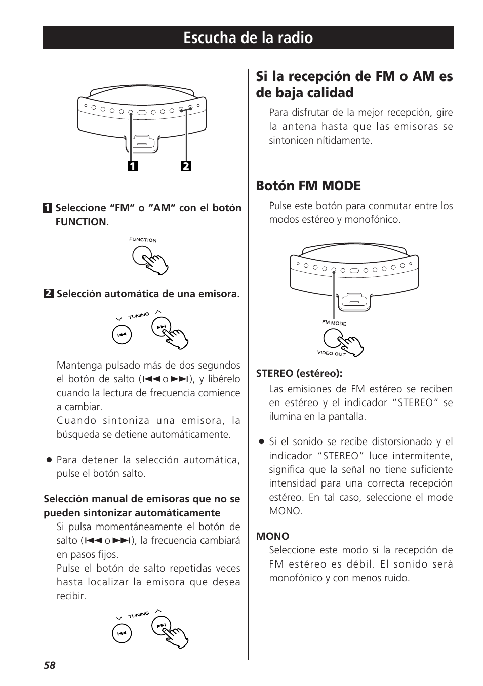 Escucha de la radio, Si la recepción de fm o am es de baja calidad, Botón fm mode | Teac SR-LX5i User Manual | Page 58 / 64