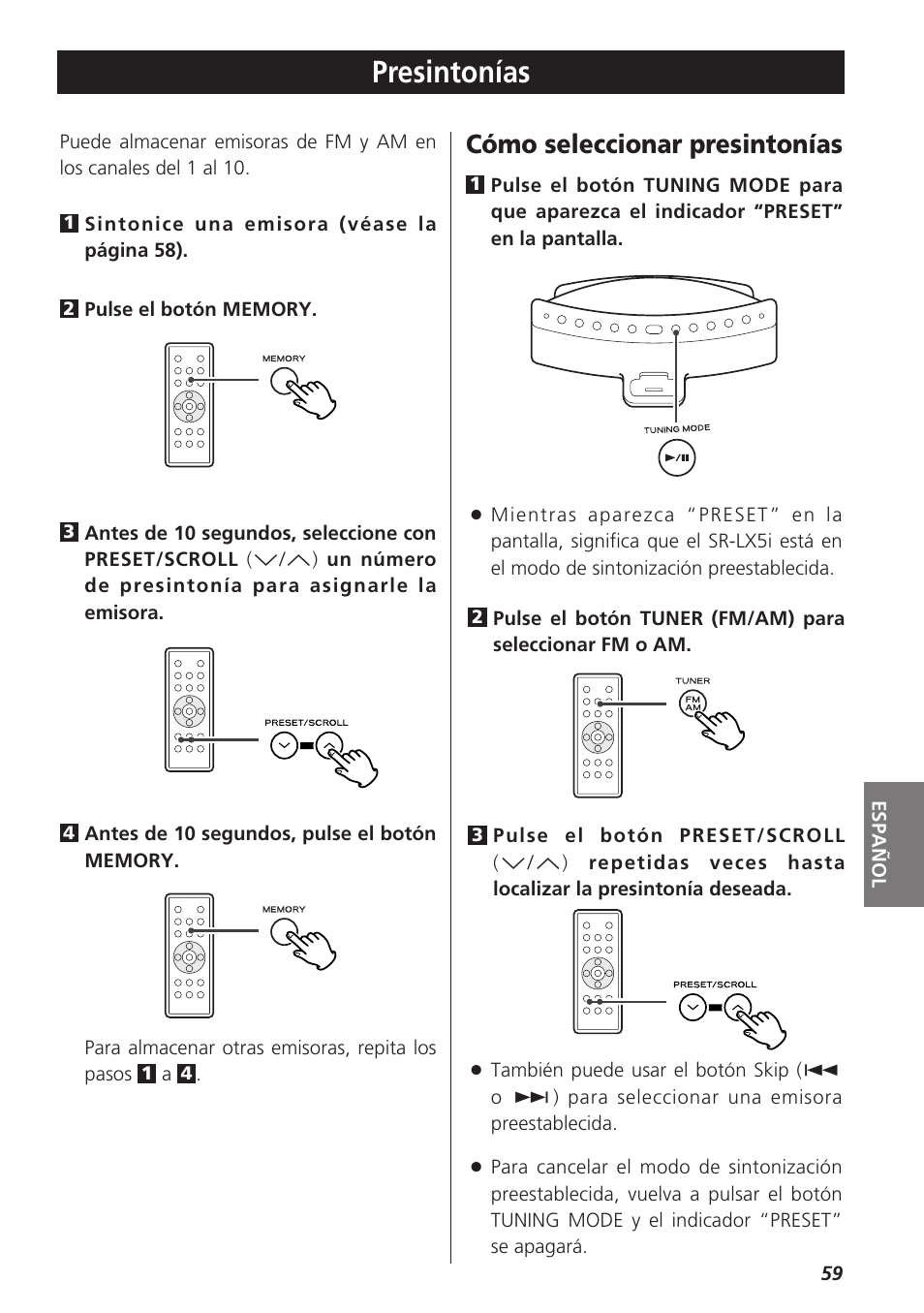 Presintonías, Cómo seleccionar presintonías | Teac SR-LX5i User Manual | Page 59 / 64
