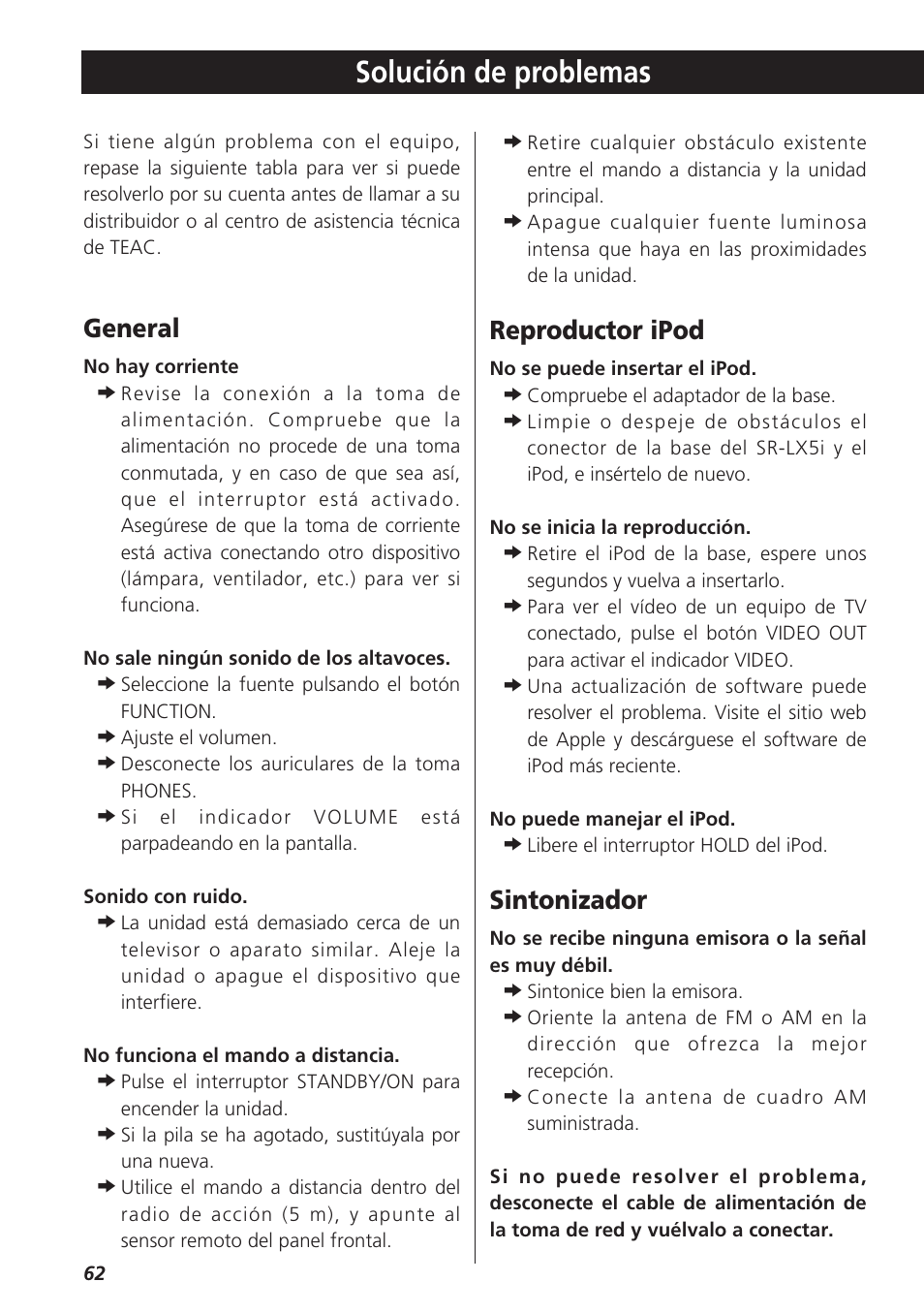 Solución de problemas, General, Reproductor ipod | Sintonizador | Teac SR-LX5i User Manual | Page 62 / 64