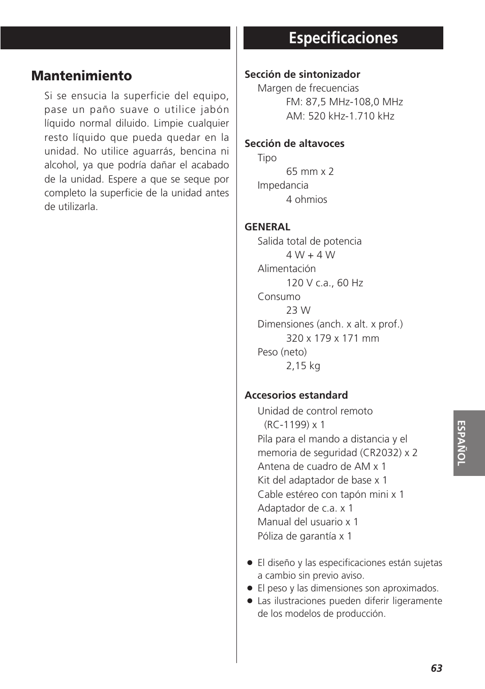 Especificaciones, Mantenimiento | Teac SR-LX5i User Manual | Page 63 / 64