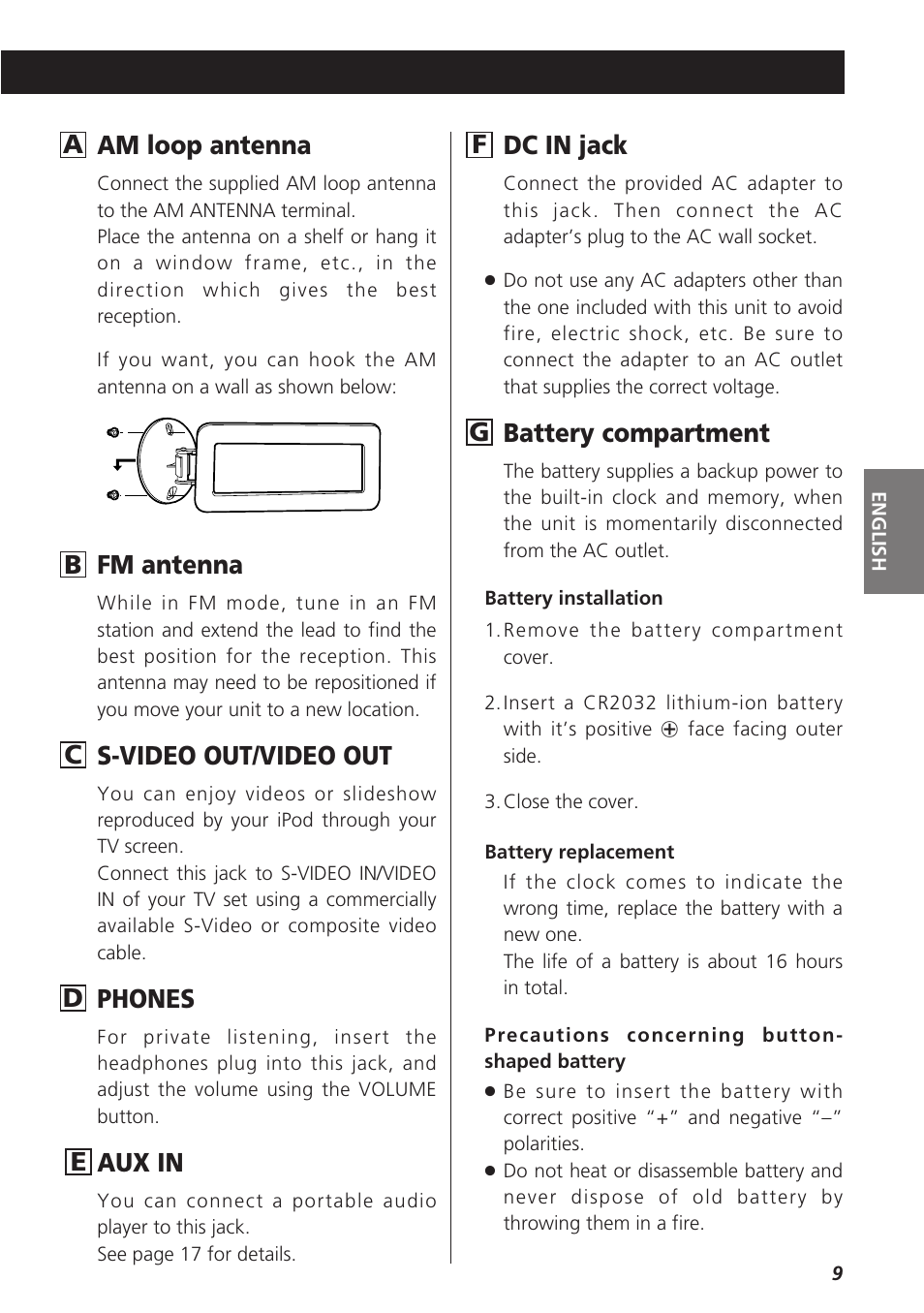 Am loop antenna, Fm antenna, S-video out/video out | Phones, Aux in, Battery compartment | Teac SR-LX5i User Manual | Page 9 / 64