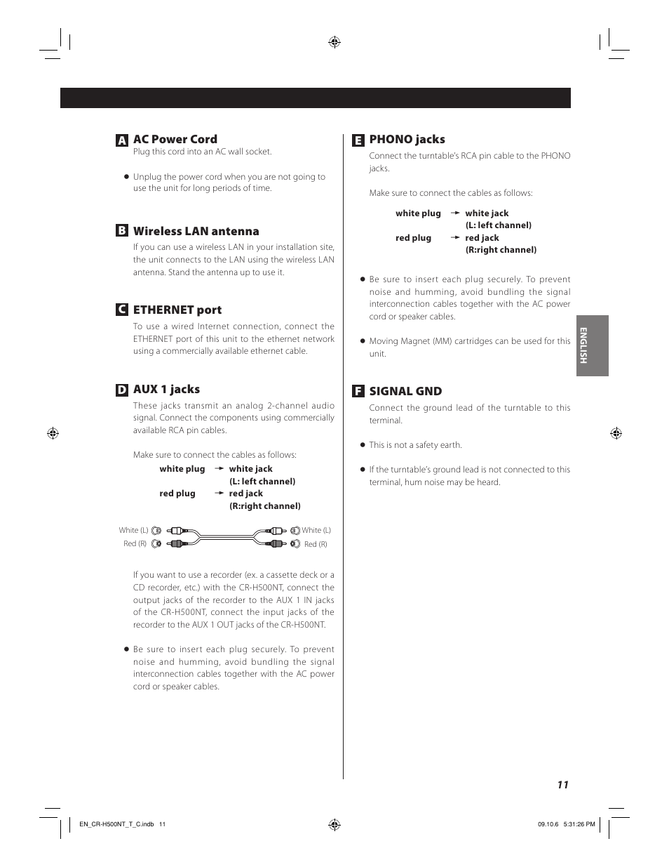 Aac power cord, Bwireless lan antenna, Cethernet port | Daux 1 jacks, Ephono jacks, Fsignal gnd | Teac CR-H500NT User Manual | Page 11 / 55