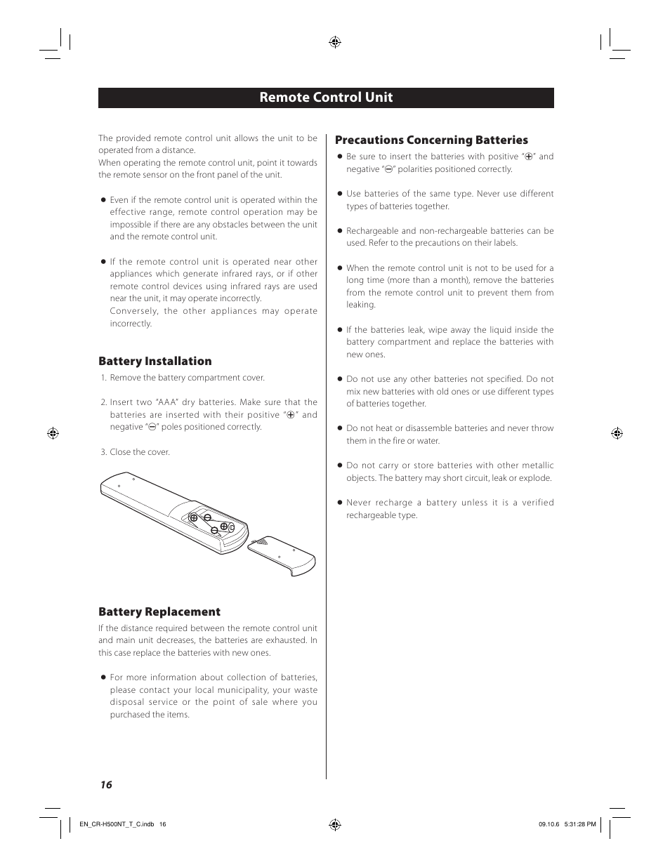 Remote control unit, Battery installation, Battery replacement | Precautions concerning batteries | Teac CR-H500NT User Manual | Page 16 / 55