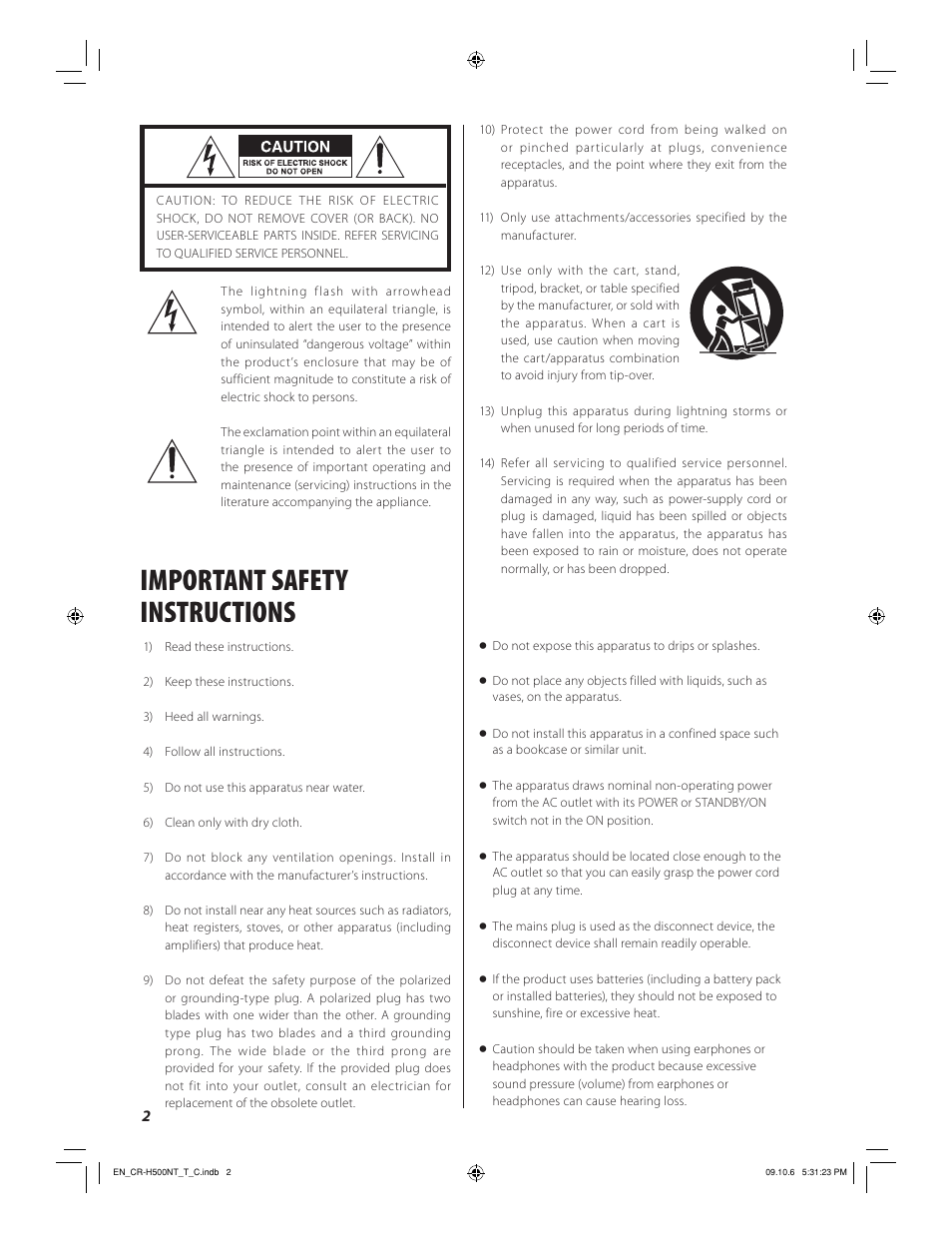 Important safety instructions | Teac CR-H500NT User Manual | Page 2 / 55