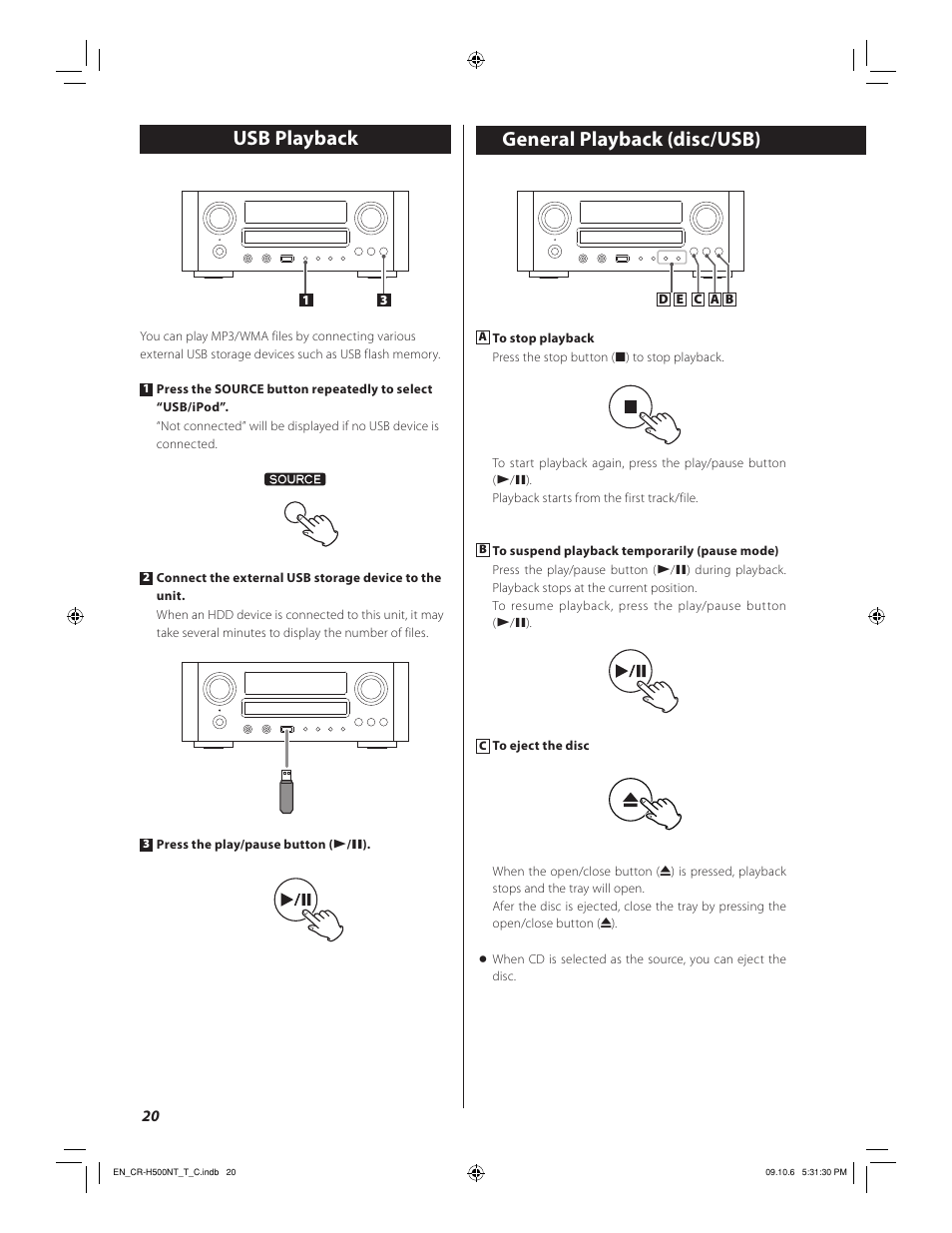 Usb playback general playback (disc/usb) | Teac CR-H500NT User Manual | Page 20 / 55