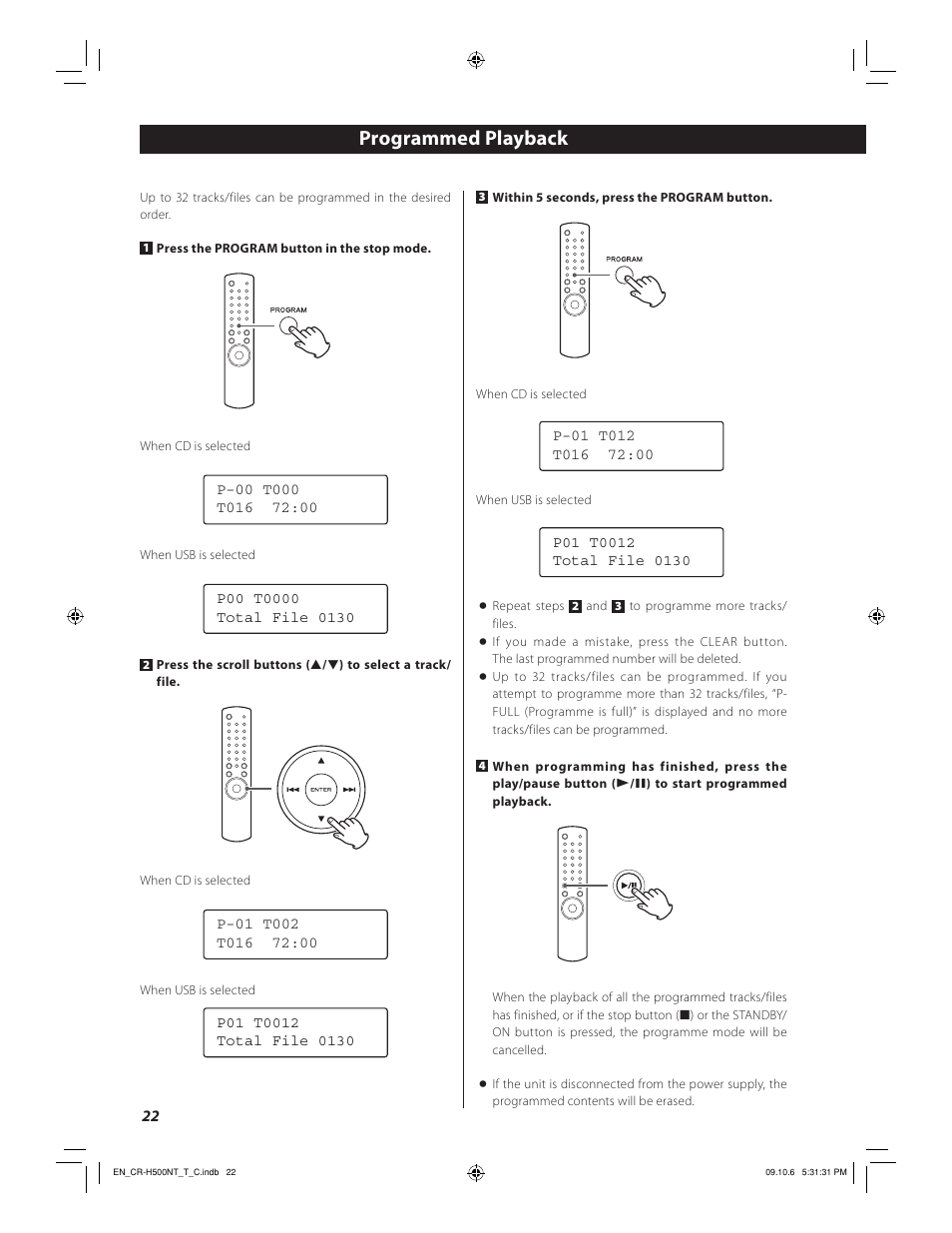 Programmed playback | Teac CR-H500NT User Manual | Page 22 / 55