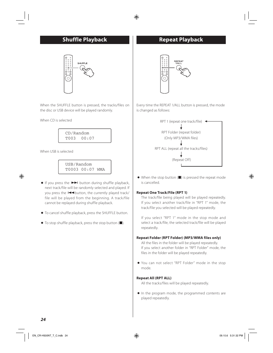 Shuffle playback, Repeat playback | Teac CR-H500NT User Manual | Page 24 / 55