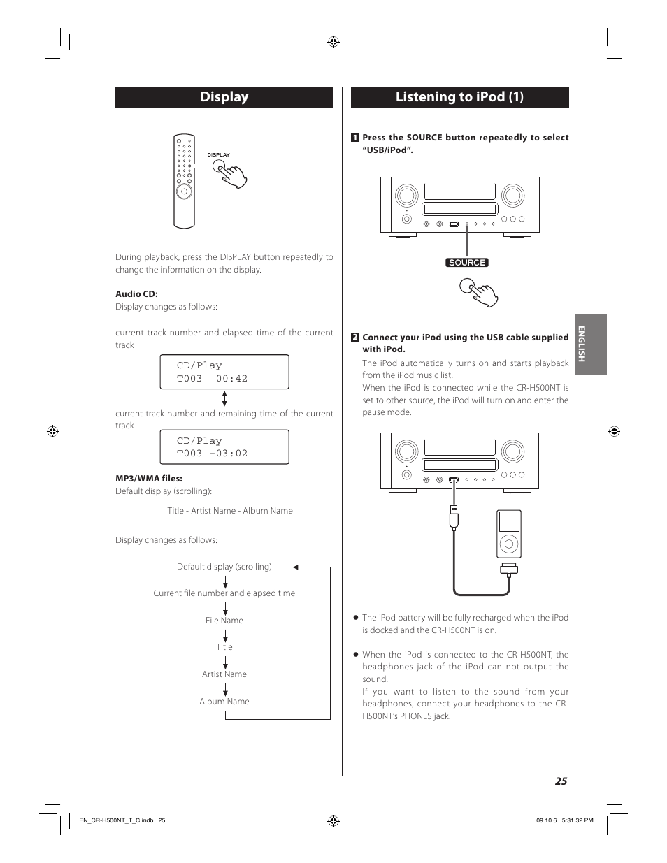 Display, Listening to ipod (1) | Teac CR-H500NT User Manual | Page 25 / 55