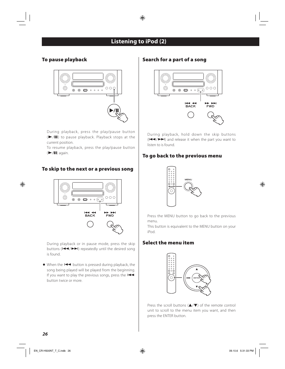 Listening to ipod (2), Search for a part of a song, Select the menu item | Teac CR-H500NT User Manual | Page 26 / 55