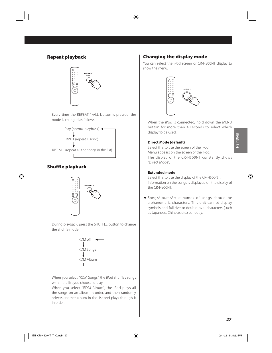 Repeat playback, Shuffle playback, Changing the display mode | Teac CR-H500NT User Manual | Page 27 / 55