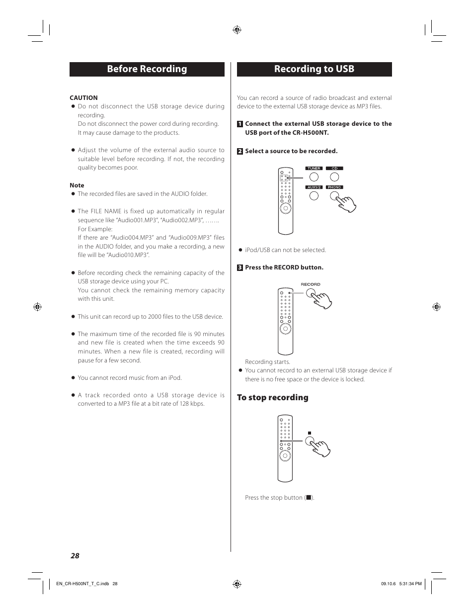 Recording to usb, Before recording | Teac CR-H500NT User Manual | Page 28 / 55