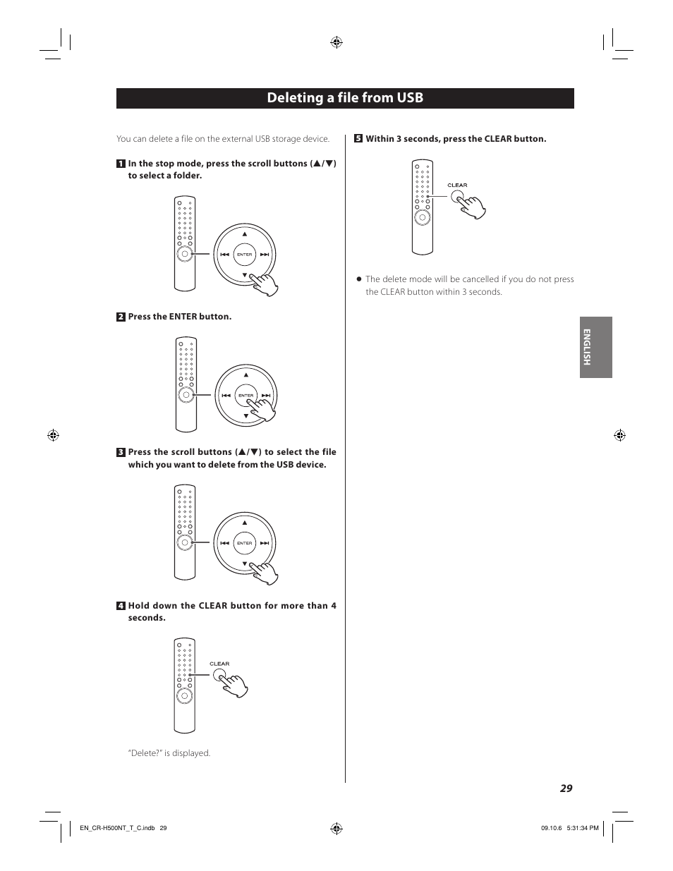 Deleting a file from usb | Teac CR-H500NT User Manual | Page 29 / 55