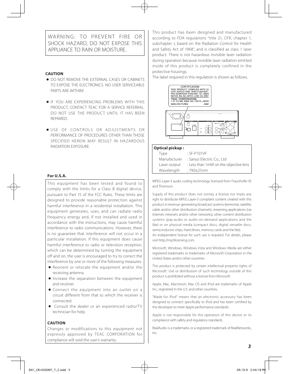 Teac CR-H500NT User Manual | Page 3 / 55