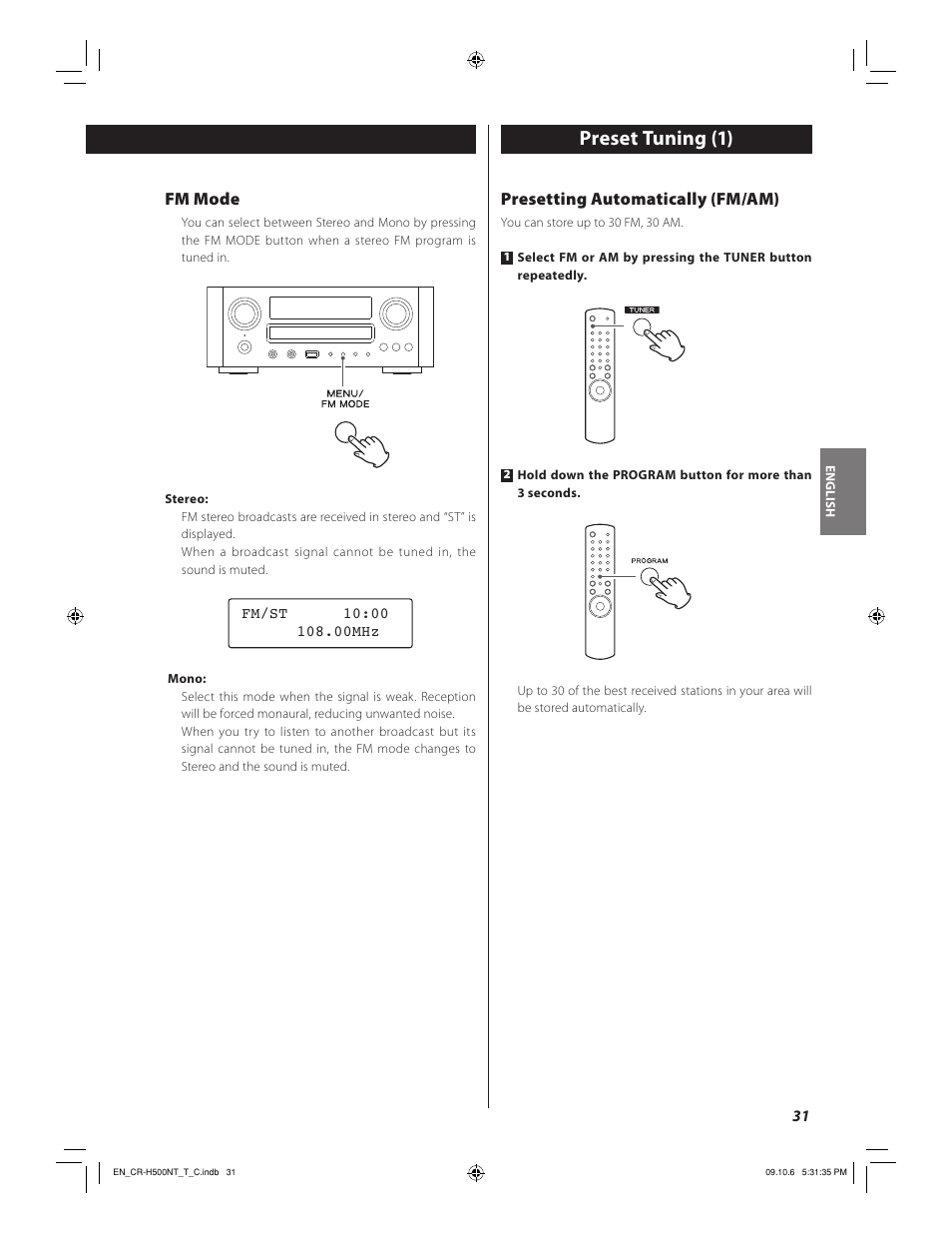 Preset tuning (1), Fm mode, Presetting automatically (fm/am) | Teac CR-H500NT User Manual | Page 31 / 55