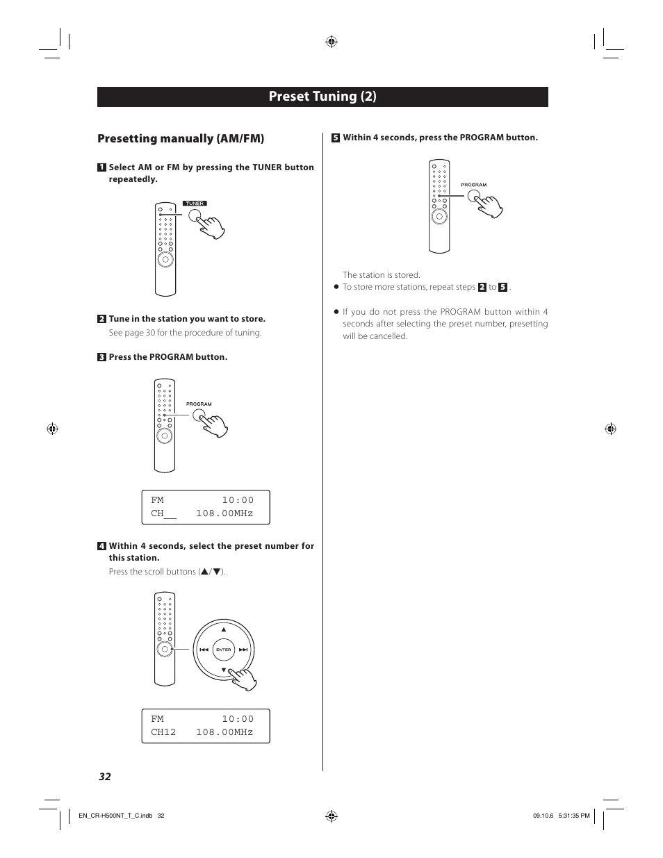 Preset tuning (2), Presetting manually (am/fm) | Teac CR-H500NT User Manual | Page 32 / 55
