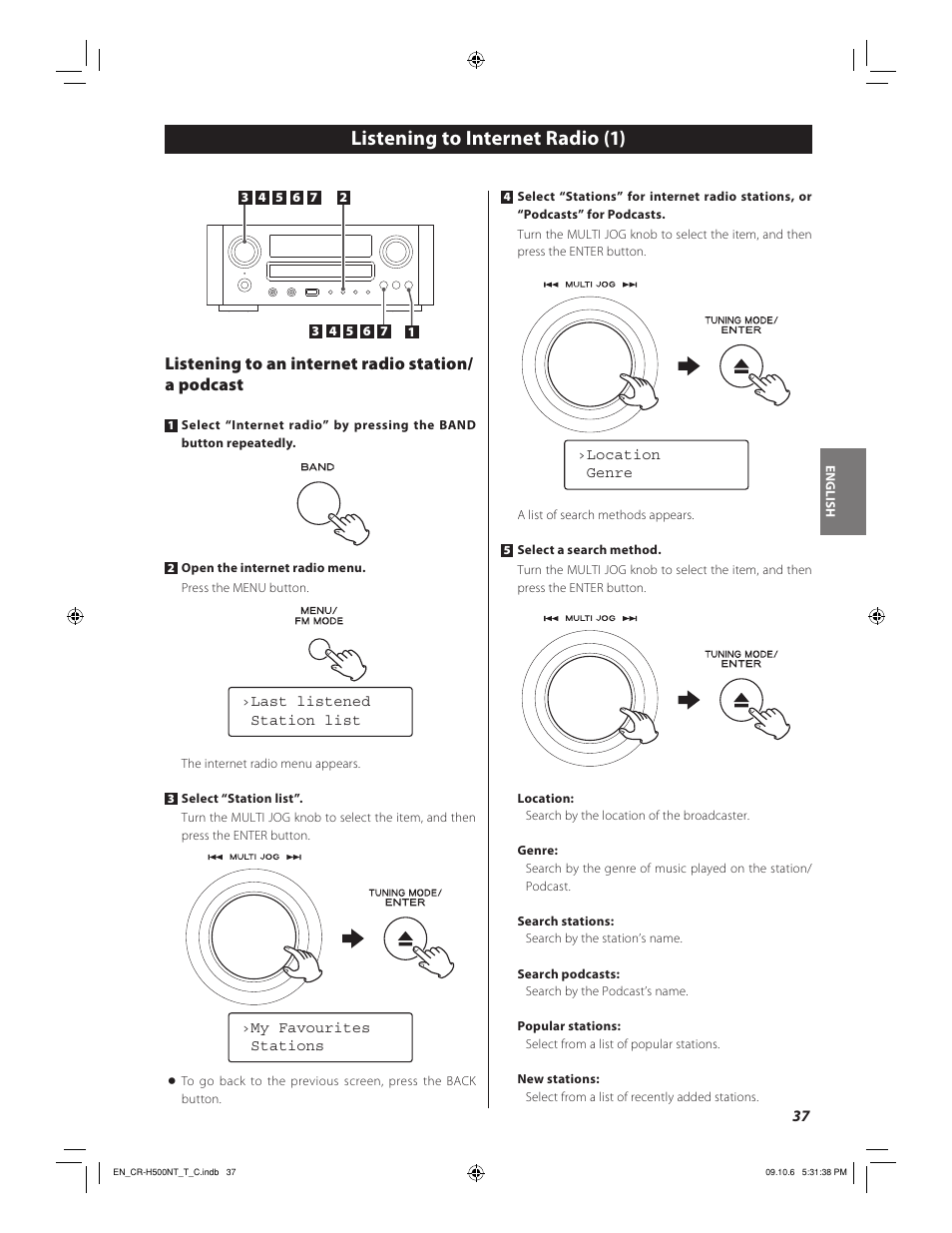 Listening to internet radio (1), Listening to an internet radio station/ a podcast | Teac CR-H500NT User Manual | Page 37 / 55